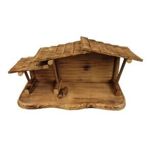 Vintage 80s Enesco Wooden Nativity Creche Stable Manger 15.5" Christmas Display